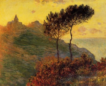 Iglesia Pintura al %C3%B3leo - La iglesia de Varengeville contra la puesta de sol Claude Monet